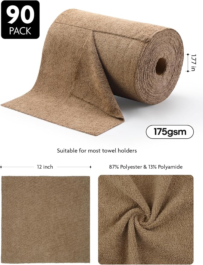 Microfiber Cleaning Cloth Roll -90 Pack, Tear Away Microfiber Towels, 12" x 12", Reusable, Washable, Scratch Free, Ultra Absorbent for All-Around Cleaning Supplies (Tan)