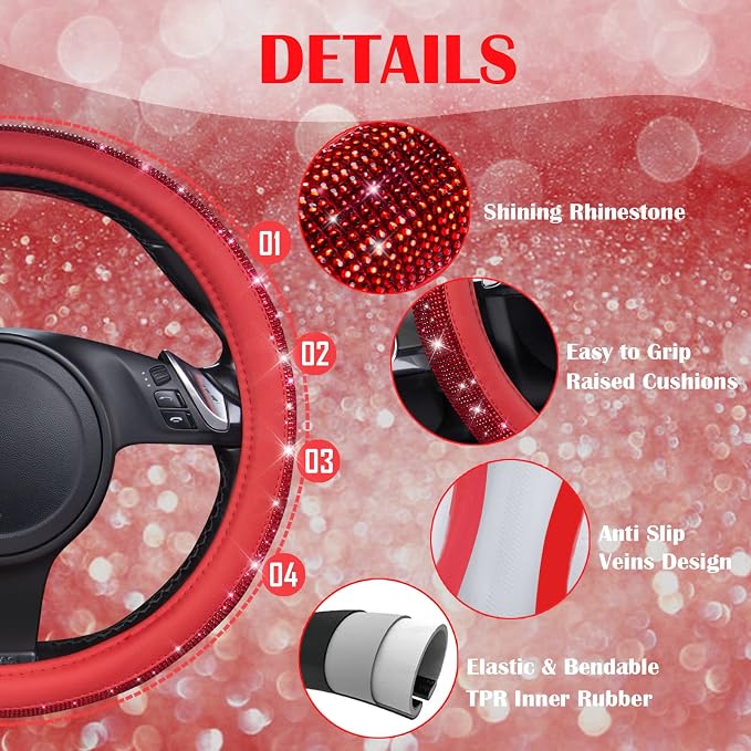 Bling Diamond Leather Steering Wheel Cover, with Bling Sparkly Crystal Glitter Rhinestones Universal Fit 14" 1/2-15" Car Wheel Protect for Women Girl Fit Suvs,Vans,Sedans,Cars,Trucks, Red