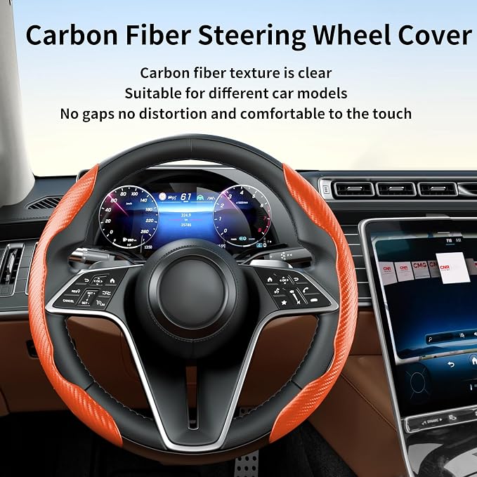 2Pc Carbon Fiber Steering Wheel Cover Universal Fit 99% Cars | Non-slip soft grip, easy to wipe clean, quick to install, perfect for daily commutes and road trips, Orange