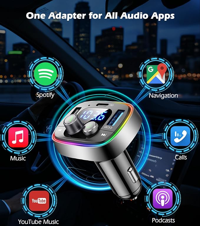 FM Transmitter for Car Bluetooth Adapter 5.4,48W PD+QC Fast Charging,Hands-Free Calling,Streams Spotify/Navigation/Music via Car Radio,Wireless Upgrade Non-Bluetooth Cars,USB-C,USB/TF,12V/24V