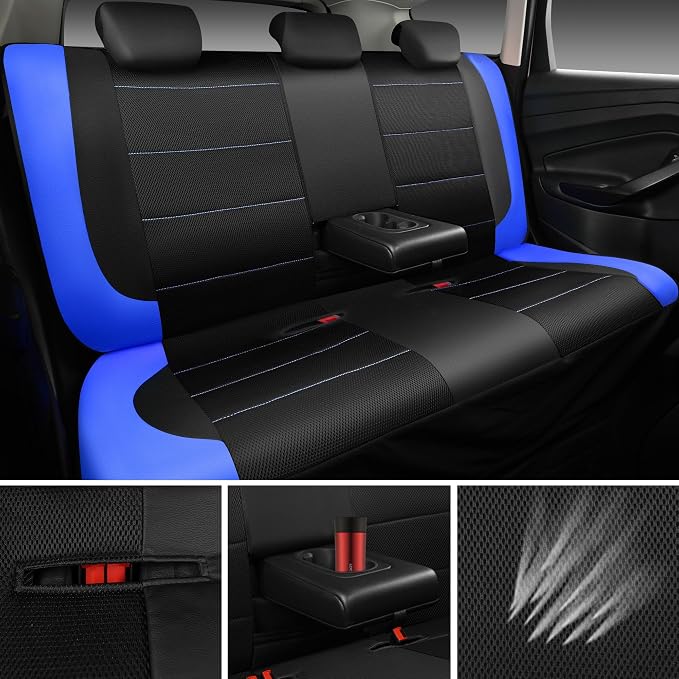 Air Mesh Leather Car Seat Covers Full Set, Waterproof Car Floor Mats, Sporty Steering Wheel Cover 14.5-15in, Universal Fits for 95% Cars Truck SUV (Black and Blue)