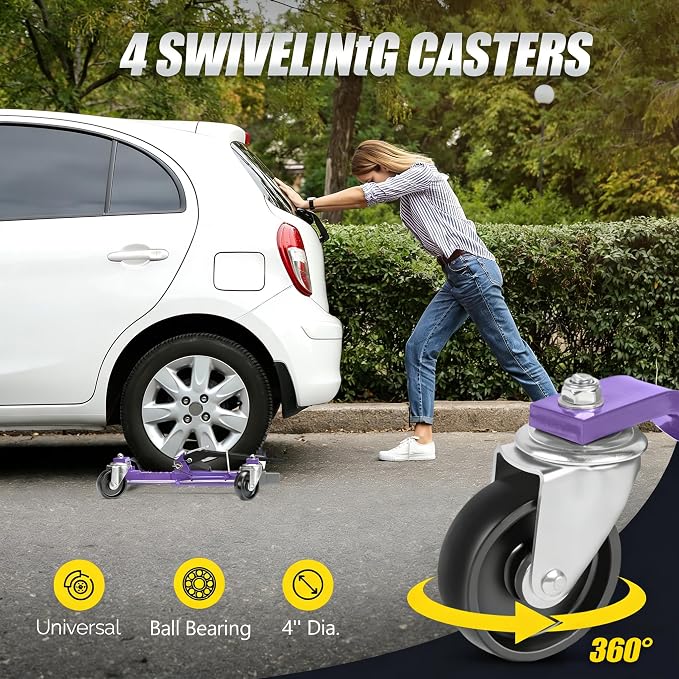Car Wheel Dolly Set of 4, Mechanical 6000-lbs Car Dollies, 12'' Wheel Vehicle Positioning Jack, No Assembly, Heavy Duty Rollers w/Ratcheting Foot Pedal, for Tire Auto Repair, Purple