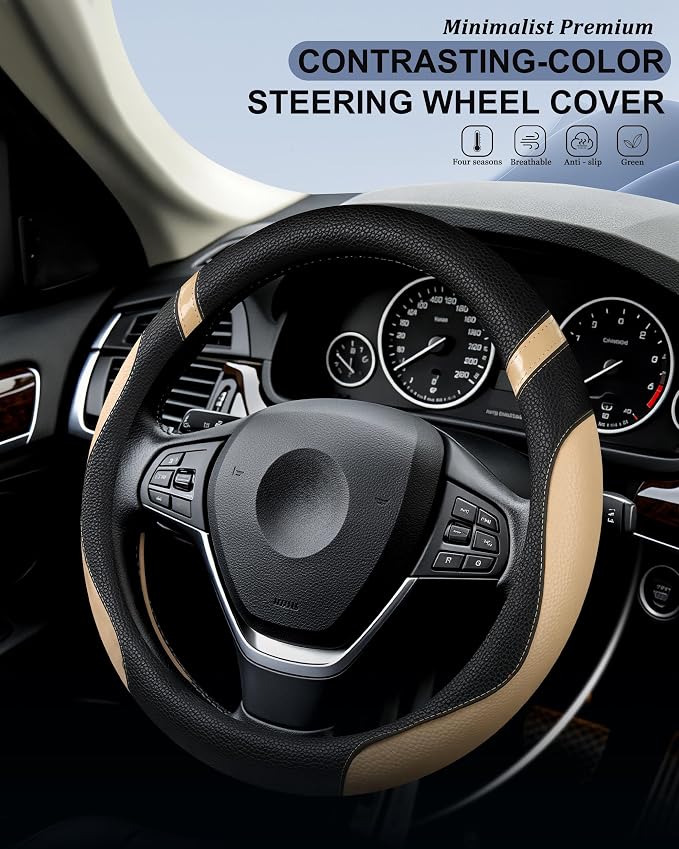Steering Wheel Cover for Car Leather Universal Steering Wheel Covers for Men Women Fit Cars SUV Truck Pickup 15inch (Beige)