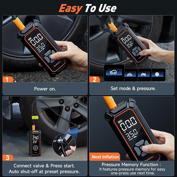 Tire Inflator Portable Air Compressor, Lightning-Fast Inflation, Dual Power - 6000mAh & 12V DC, Cordless Air Pump for Car Tires, Bikes, Motorcycle, Balls with LED & Digital Pressure Gauge