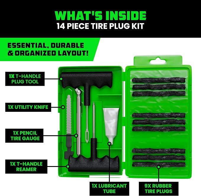 Rhino USA Compact Tire Repair Kit (14-Piece) – Heavy Duty Plug Set with Included Lubricant to Fix Punctures and Seal Flats – Tubeless Tool for Car, Motorcycle, ATV, UTV, RV & Trailer