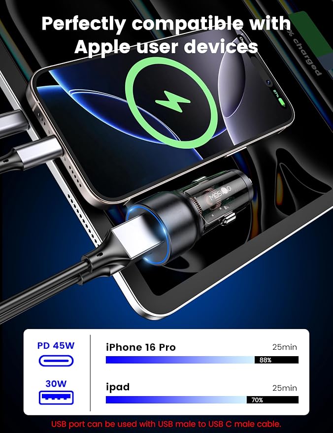 USB C Car Charger, 75W Mini Cigarette Lighter USB Charger | 45W PD&QC 3.0 USB C Fast Charge,Mini Cigarette Lighter Adapter for iPhone 17 16 15 14 Pro Max,Samsung S26 S25,Note,Pixel,iPad