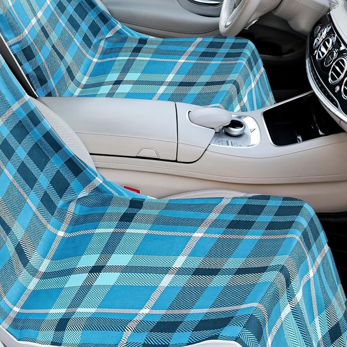 Car Seat Towel Covers with Storage Bag, 63 x 32 Inch Universal Non Slip Waterproof Sweat Protector for Car Truck, Gym Swimming Running, Machine Washable(2 Pack,Blue Plaid)