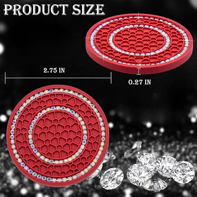 2PCS Bling Crystal Rhinestone Cup Coaster Insert, 2.75 inch Soft Silicone Anti-Slip Shockproof, Car Drink Holder Coaster, Universal Car Interior Accessories for Women (Red & Colorful)