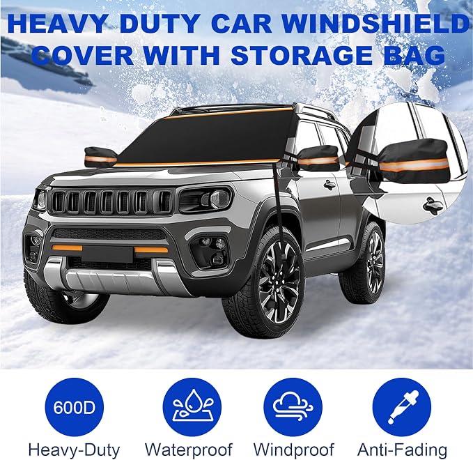 Car Windshield Cover for Snow and Ice, Car Windshield Snow Cover Kit with Side Mirror Cover, 600D Frost Guard Windshield Cover, Winter Frost Hail Protector for Sedan Truck SUV and MPV