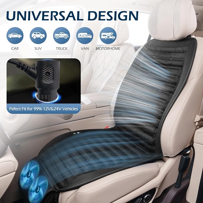 Cooling Car Seat Cushion with Dual Fans, 12V-24V Ventilated Front Seat Pad, Breathable Mesh Fabric, 3-Speed Adjustment, Enhanced Airflow, Universal Fit for Cars, Trucks, SUVs