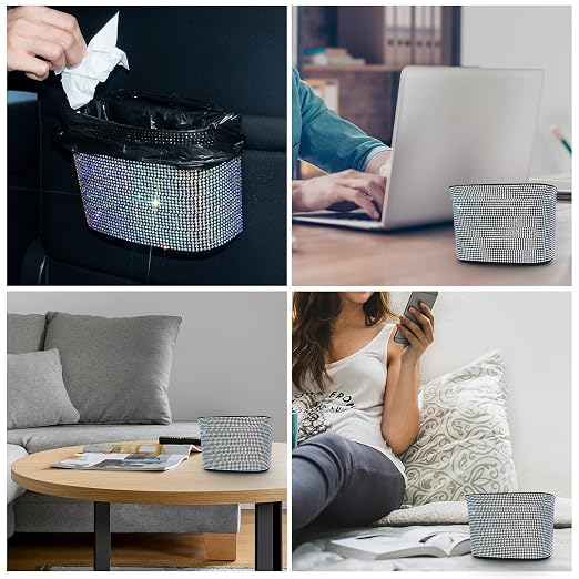 Car Trash Can, Hanging Trash Bin, Leakproof Garbage Organizer, Bling Vehicle Waste Basket, Mini Dustbin Container with Clip for Car, Office, Kitchen, Bedroom, Home and More, Multicolor