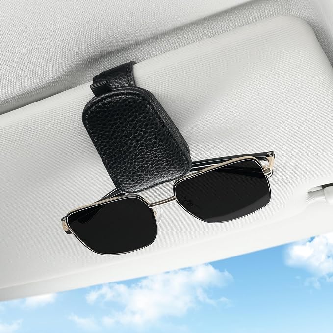 Sunglasses Holder for Car, Leather Magnetic Buckle Sun Visor Sunglass Clip, Ticket Card Storage Glasses Clip, Car Interior Accessories for Men and Women（Black）