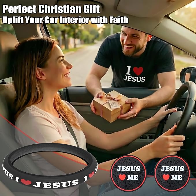 Christian I Love Jesus Car Steering Wheel Cover for Men & Women with 2 Pack Car Coasters, PU Leather Elastic Steering Wheel Protector, Faith Gifts, Universal 15" Fit for Cars, SUVs, Trucks