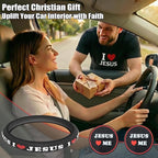 Christian I Love Jesus Car Steering Wheel Cover for Men & Women with 2 Pack Car Coasters, PU Leather Elastic Steering Wheel Protector, Faith Gifts, Universal 15" Fit for Cars, SUVs, Trucks