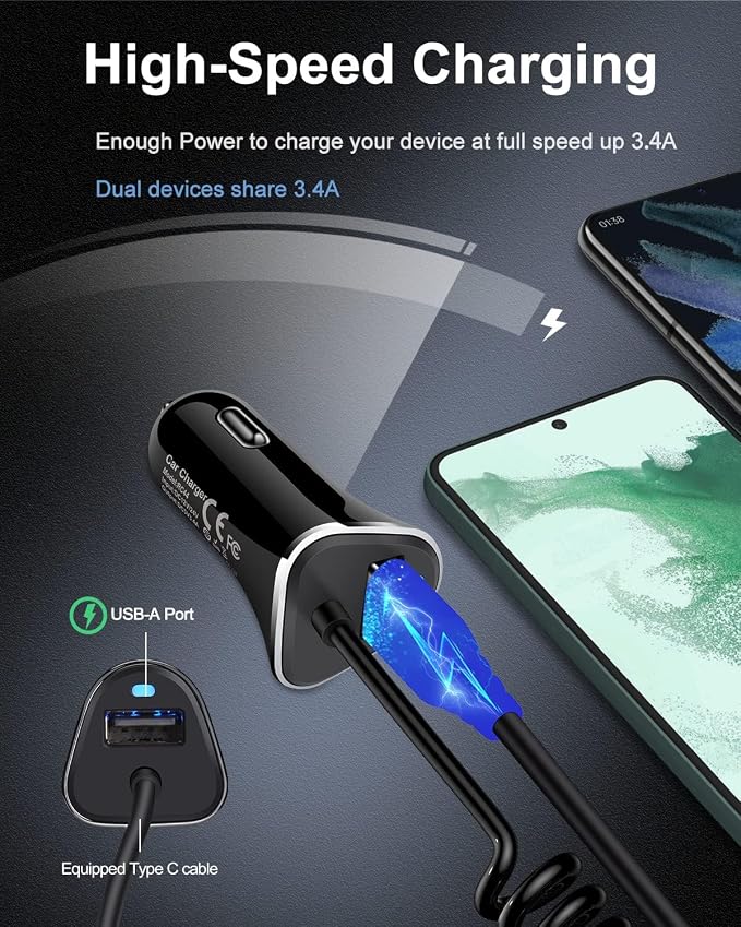 iPhone 17e USBC Car Charger with Built-in 3ft Coiled Cable Fast Charging | USB C Car Adapter for iPhone 17 16 15 Pro Max, Samsung S26 S25 Ultra Retractable Cord Type C Cigarette Lighter Adapter