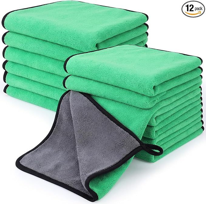 12 Pcs Microfiber Towels for Cars, 800 GSM Plush Drying Cleaning Cloth Bulk, 16 x 16 Inch Thick Absorbent Wash Detailing Towels for Car Polishing, House, Kitchen Cleaning(Green)