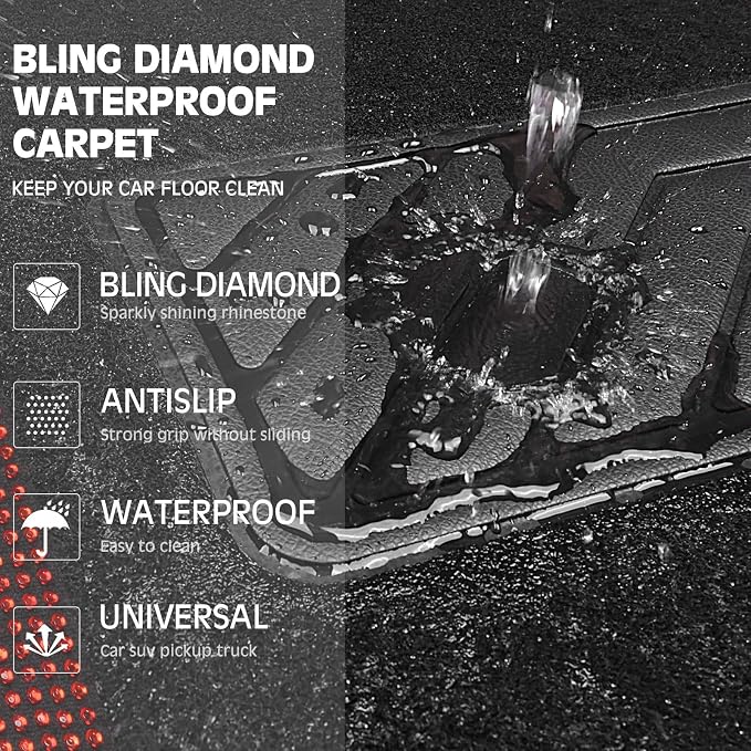 Bling Diamond Leather Steering Wheel Cover 14.5in-15in Floor Mats Shining Rhinestone Carpet Sparkly Glitter Crystal Anti-Slip Pad Fit Automotive SUV Pickup Truck Girl Women, 5pcs Black Red