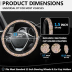 Pink Wildflower Steering Wheel Cover for Women, Anti-Slip Butterfly and Bee Car Steering Wheel Cover with 2 Pcs Cup Holders Neoprene Breathable Car Accessories Universal 15 Inch Auto Interior Decor