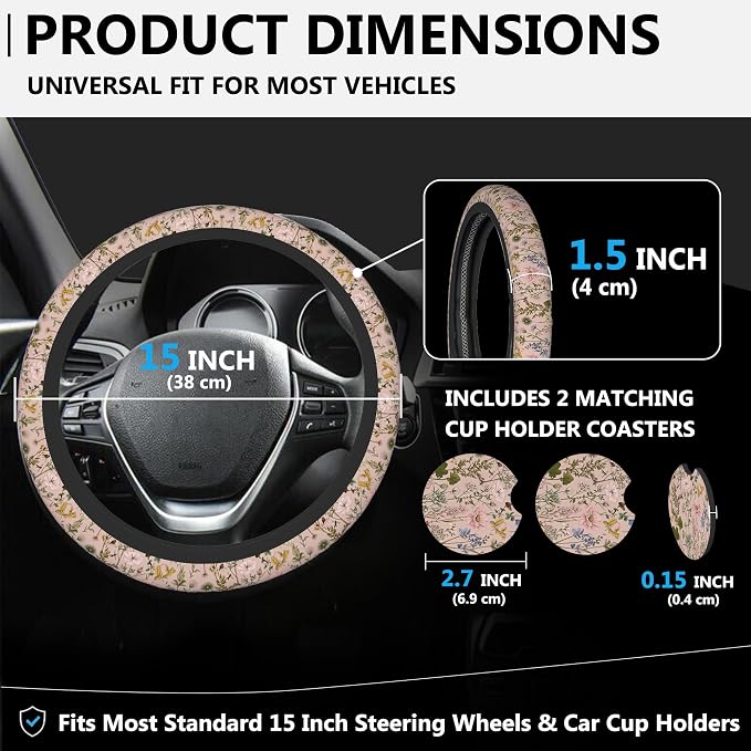 Pink Wildflower Steering Wheel Cover for Women, Anti-Slip Butterfly and Bee Car Steering Wheel Cover with 2 Pcs Cup Holders Neoprene Breathable Car Accessories Universal 15 Inch Auto Interior Decor
