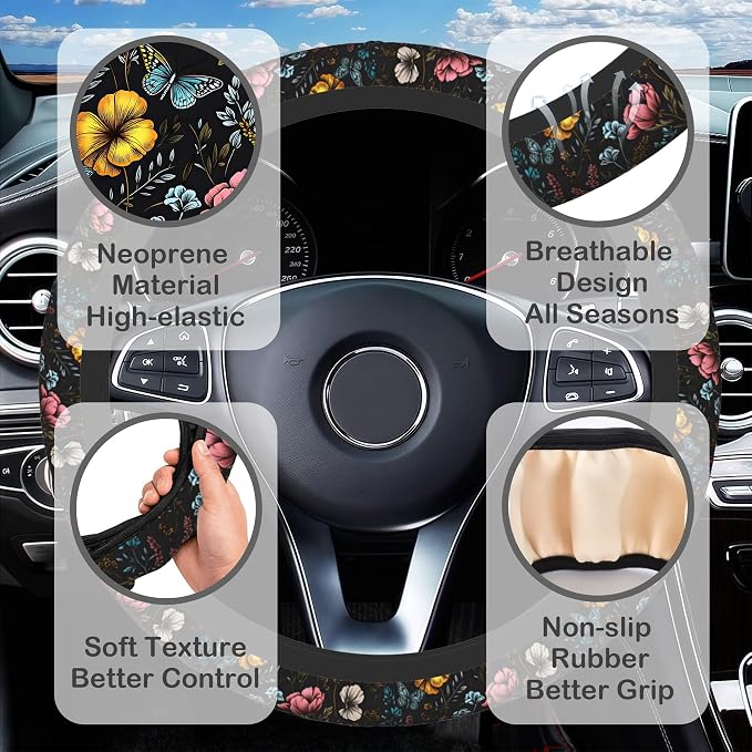 Colorful Flower and Butterfly Steering Wheel Cover for Women, Anti-Slip Car Steering Wheel Cover with 2 Pcs Cup Holders Neoprene Breathable Car Accessories Universal 15 Inch Auto Interior Decor