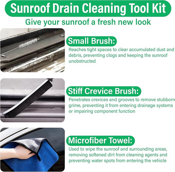Auto Sunroof Drain Cleaning Tool, 120 Inch Flexible Drain Brush, Sunroof Drain Cleaner with Pipe Cleaning Brush, Injector Hose and Crevice Brush, Cleaning Tool for Drains, Sewers, Windshields