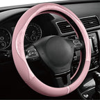 Steering Wheel Cover, Pink Patterned Leather Patchwork Design, Universal Fit 14.5"–15.5", Anti-Slip, Odor-Free, Soft PU Grain Leather, Durable Grip Car Accessory for Girls & Women