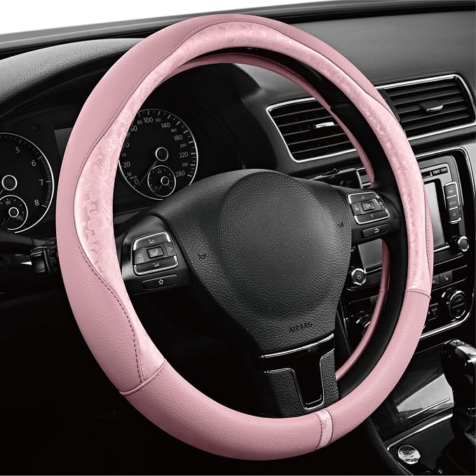 Steering Wheel Cover, Pink Patterned Leather Patchwork Design, Universal Fit 14.5"–15.5", Anti-Slip, Odor-Free, Soft PU Grain Leather, Durable Grip Car Accessory for Girls & Women
