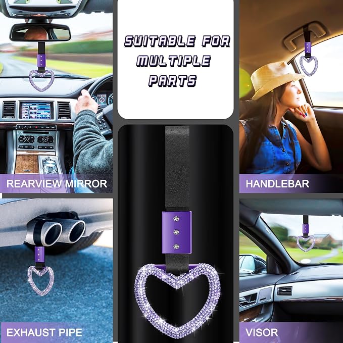 Bling Car Accessories Bling Heart Handle Ring Car Accessory for Women Hearts Strap Drift Charm Rear Bumper Warning Ring Decoration for Auto Bus Interior Exterior (Light Purple,Heart Style)
