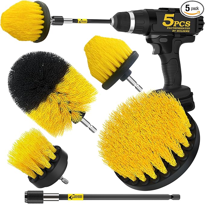5Pack Drill Brush Attachment Set，Power Scrubber Brush Extended Long Attachment for Bathroom Surfaces, Grout, Floors, bathtubs, Showers, Tiles, Kitchens and Cars，Yellow