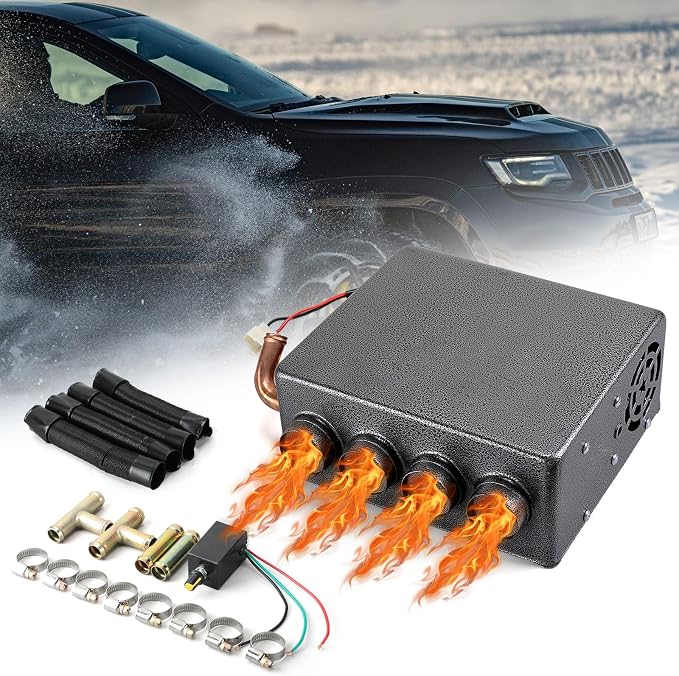 12V Universal Car Auxiliary Heater - Windscreen Demister & Defroster - Compact Underdash Heater Kit for Suv Utv Camper - Winter Automotive Air Conditioner for Heating & Defrosting(4 Ports)