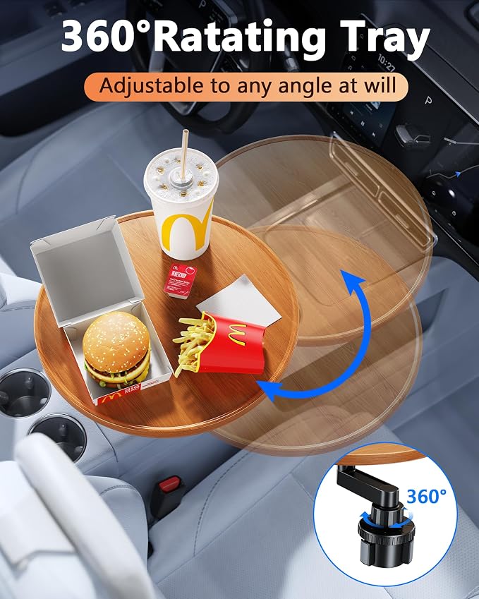 360° Rotating Wood Car Cup Holder Tray, Car Desk for Laptop, Car Food Tray Table for Eating Lunch, Cup Holder Expander, Long Road Trip Essentials Travel Patrol Accessories for Semi Truck Rv