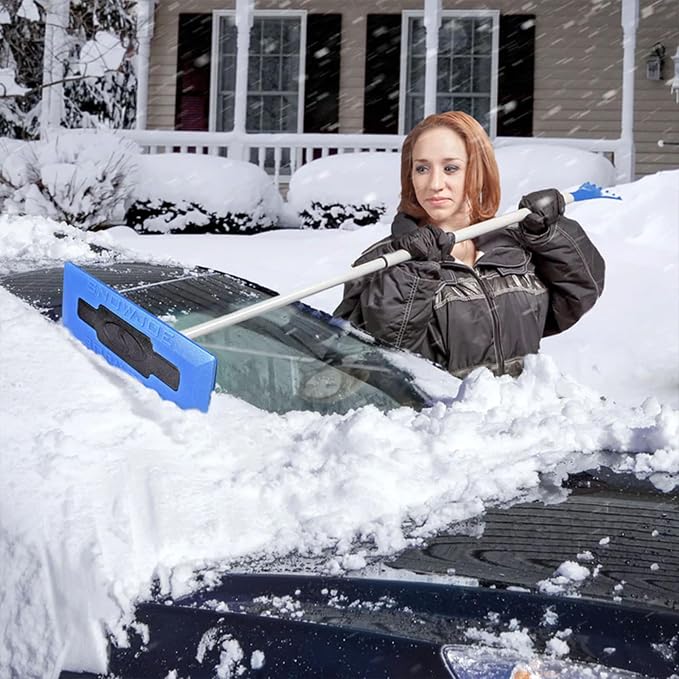 18" Telescoping Snow Broom & Ice Scraper for Cars, No-Scratch Foam Brush - Long and Extendable Ice Removal Tool for Car Window and Automotive Windshield, SJBLZD