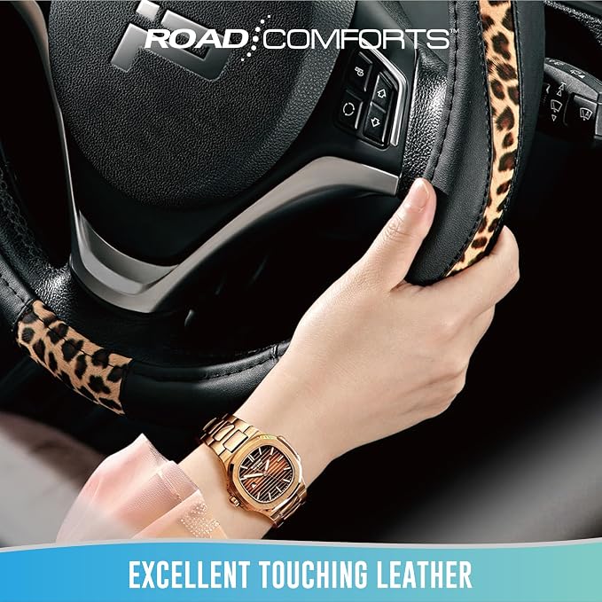 Steering Wheel Cover - Made with PVC Leather and Leopard Fabric - Universal 14 1/2 inches to 15 inches for Most Automotive Steering Wheel - Cheetah Print - Black