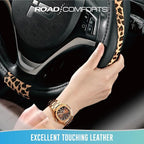 Steering Wheel Cover - Made with PVC Leather and Leopard Fabric - Universal 14 1/2 inches to 15 inches for Most Automotive Steering Wheel - Cheetah Print - Black