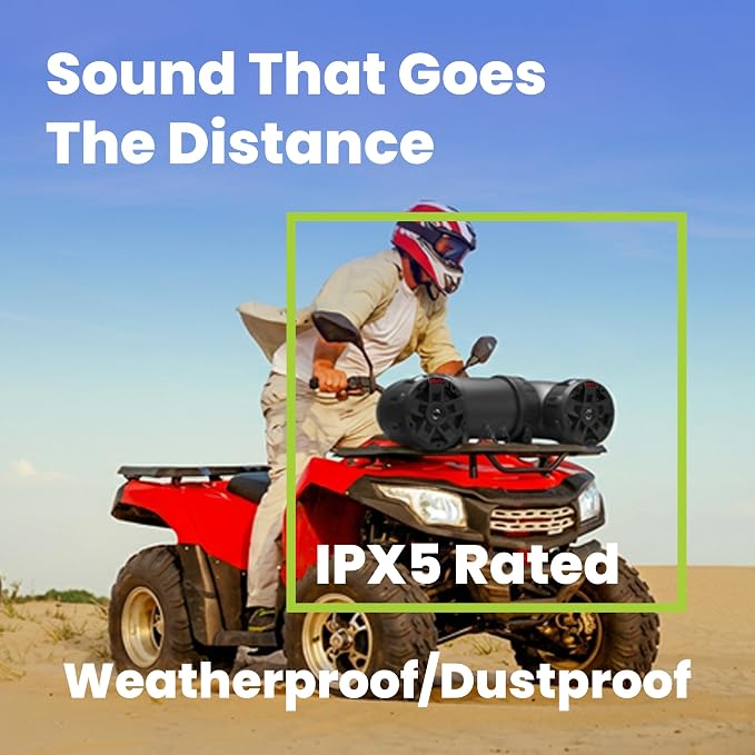 ATV6.5B ATV UTV Weatherproof Sound System - 6.5 Inch Speakers, 1.5 Inch Tweeters, Built-in Amplifier, Bluetooth, Easy Installation for 12V Vehicles