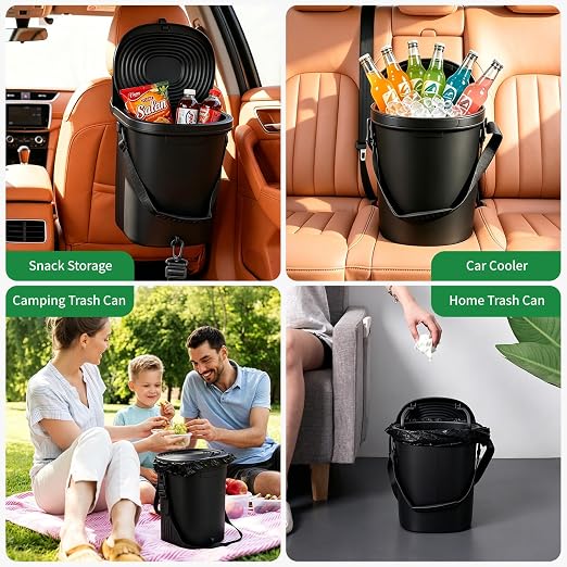 Trash Can for Car Garbage with Lid, Leakproof 100% Silicone Car for Vehicle, Sedan, SUV, Van, MPV & Truck, 2 Gallon Waterproof Auto Waste Bin for Back Seat, Odor-Sealing Vehicle Organizer, Black