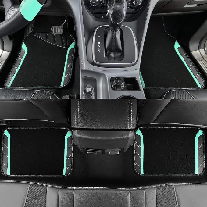 Leather Steering Wheel Cover and Waterproof Car Floor Mats,Microfiber Universal Car Combo Fit for 95% Sedan,SUV,Cars,14.5-15inch Sporty Anti-Slip Safety Comfortable Design(Black&Mint)