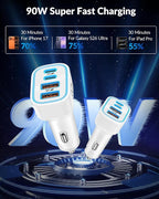 iPhone 17 16 15 Car Charger, 90W 4-Port Fast USB C Car Charger Cigarette Lighter Adapter with 3FT Type C to C Cable for iPhone 17/17 Pro/17 Pro Max/17e/Air/16/16 Pro/16e/15 Pro Max/Plus, iPad, Android