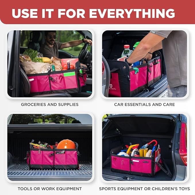 Pink Car Accessories For Women, Trunk Organizer For Car, Suv, Jeep Premium Adjustable Multi Compartments Collapsible (Large Capacity)