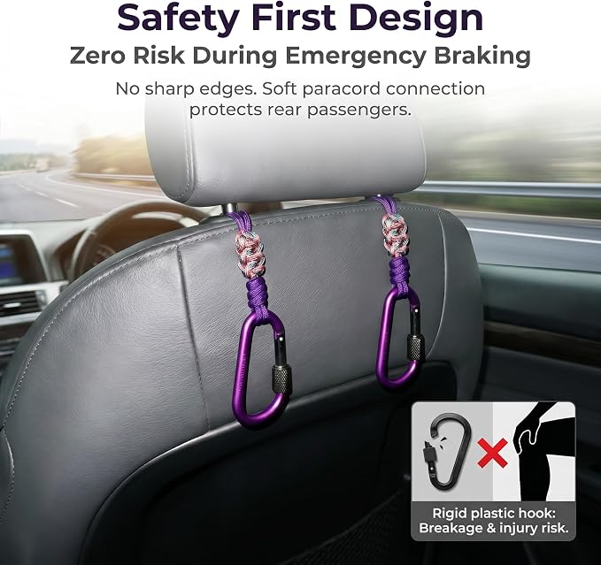 Car Seat Back Hooks 2 Pack - Heavy Duty Rope & Metal Buckle Car Hangers, No Wobble Multi-Purpose Organizer for Grocery Bags, Backpacks, Umbrellas, Trash Bags (Fit Most Vehicles) Purple