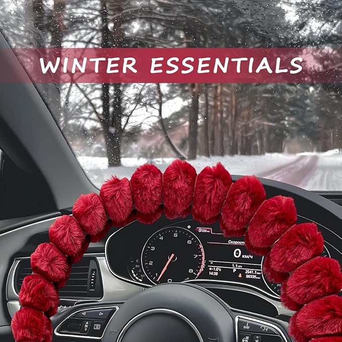 Sun Walker Fluffy Car Steering Wheel Cover, Soft Plush Anti-Slip Steering Wheel Protector for Warm Winter, Fuzzy Comfortable Wheel Cover Auto Interior Accessories for Women Girl (Red)