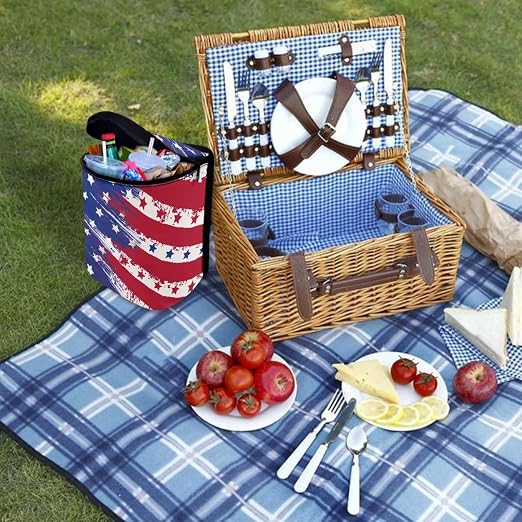 American Flag Star Print Car Trash Can with Lid, 4th of July Leak Proof Auto Trash Bag Hanging Vehicle Garbage Can Multipurpose Storage Container for Back Seat Road Trip