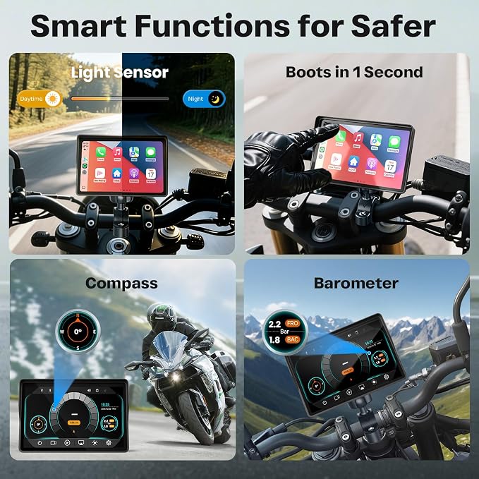 Motorcycle CarPlay Screen with Android Auto – 7” Waterproof GPS, Pantalla para Moto, Apple CarPlay, Navigation System for Motorcycle, Dual 2K Dash Cam Bluetooth Audio,64GB&TPMS with Magnetic