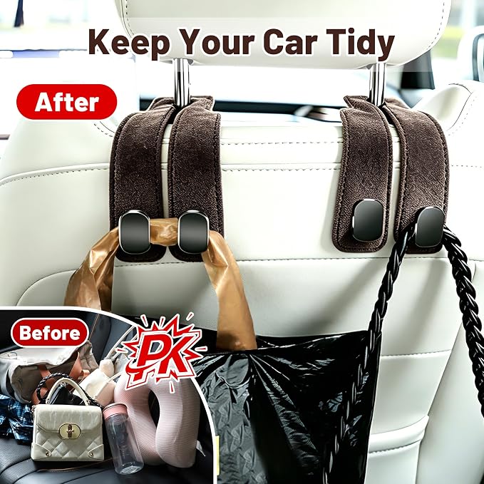 SUKIPIN Car Hooks, Car Seat Headrest Hooks for Purses and Bags 2-Pack Brown | Car Accessories for Women, Solid Durable Construction, Quick Tool-free Mounting, Universal Fit for Most Vehicle Headrests
