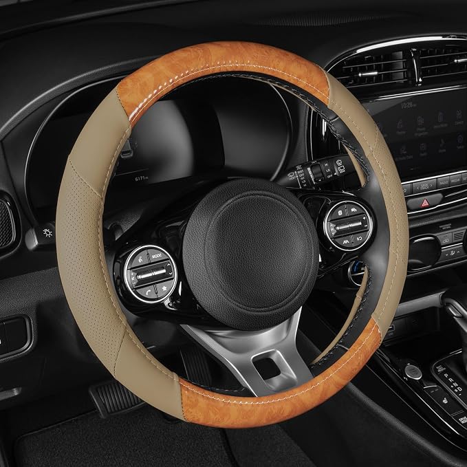 BurlwoodLux Wood Grain and PU Leather Beige Steering Wheel Cover - Sport Grip for Car Auto SUV Trucks