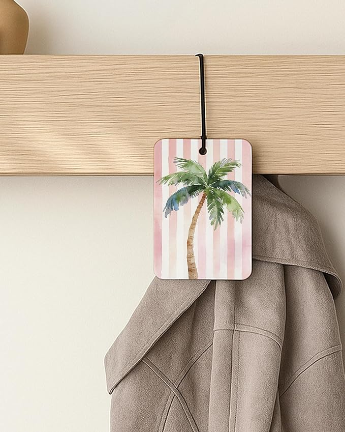 Pink Summer Beach Car Air Freshener 4 Pcs Coconut Scented, Coastal Seaside Palm Tree Car Accessories Mirror Decor for Women, Girly Beachy Hanging Air Freshener for Cars Closet Drawer Books