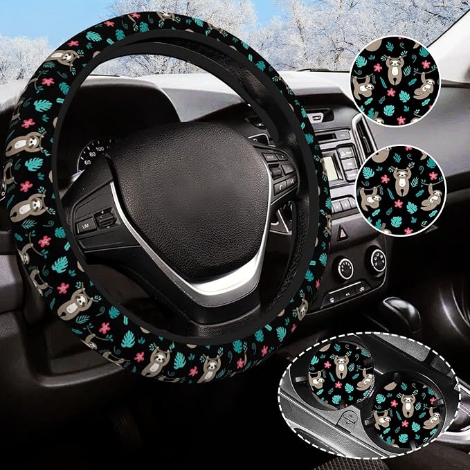 Cute Sloth Steering Wheel Cover Anti-Slip and Practical 14.5-15 Inch Universal Car Steering Wheel Cover with 2 Pieces Car Coasters Suitable for Men Women