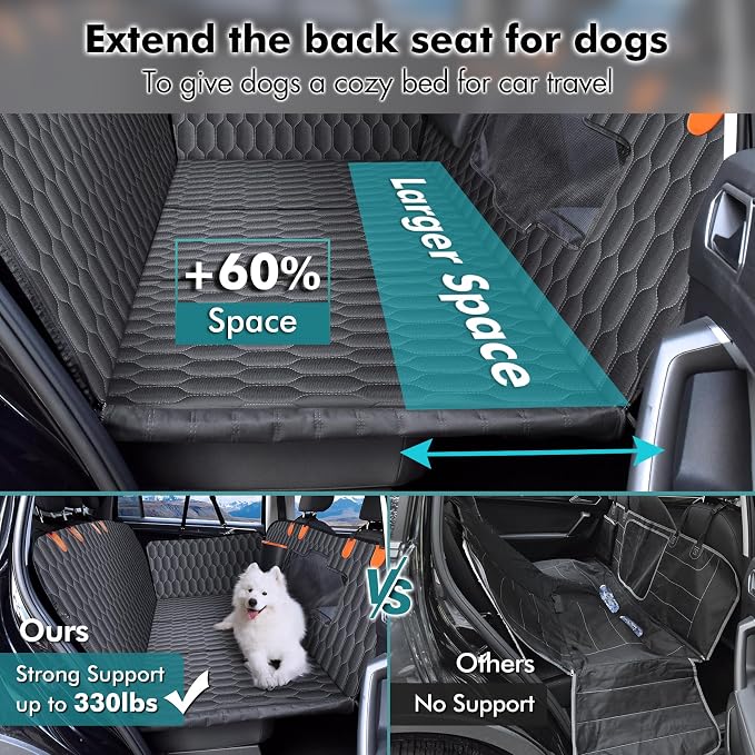 XL Back Seat Extender for Dogs-Supports 400lb,Waterproof Dog Car Seat Cover Hard Bottom-Detachable,600D Oxford Cloth Proof Nonslip Soft,Dog Hammock for Car,SUVs