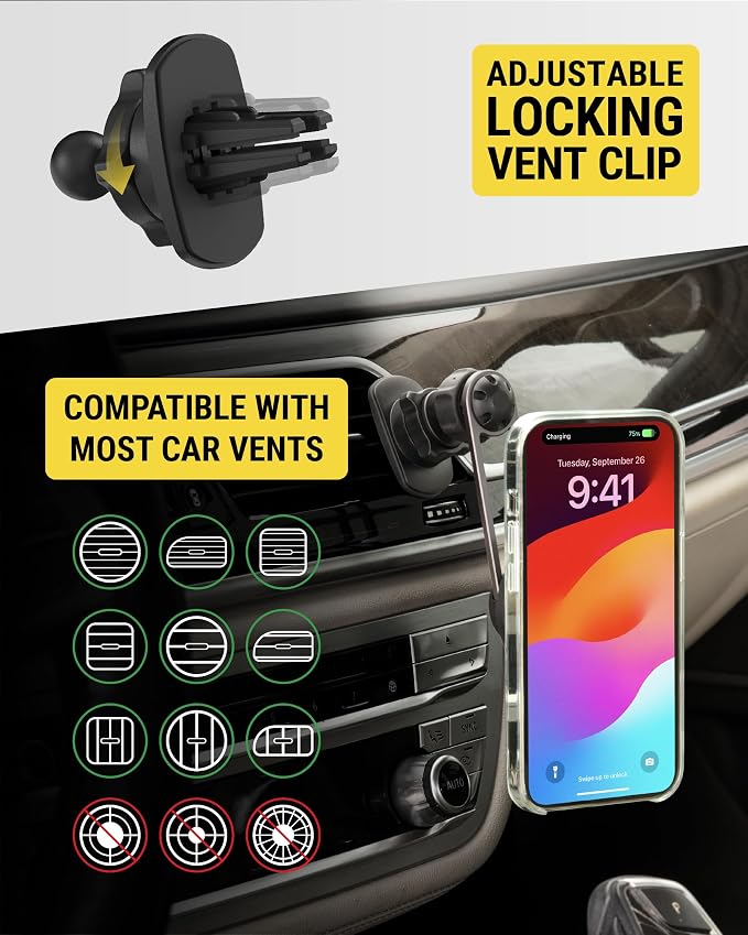 Qi2 MagSafe Car Mount Charger, 15W Wireless Magnetic Phone Holder for Car Dash, Vent & Tesla Display, Secure Grip, 4ft Cable, Fast Charging Compatible with MagSafe iPhone & Samsung Galaxy S25