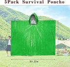 5Pack Emergency Poncho Portable Survival Rain Poncho with Hood for Adults Emergency Supplies and Survival Kits for Outdoor Camping,Hiking,First Aid,Green